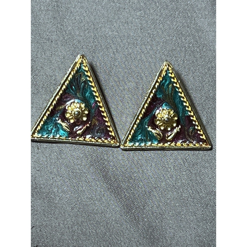 Jay Feinberg‎ Strongwater Green Purple Enamel Gold Tone Clip Earrings Vintage